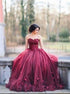 Burgundy Ball Gown Sweetheart Appliques Tulle Prom Dress LBQ4161